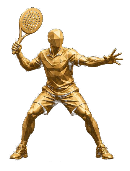 Statue dorée d'un joueur de padel en position de défense, emblème PALAO